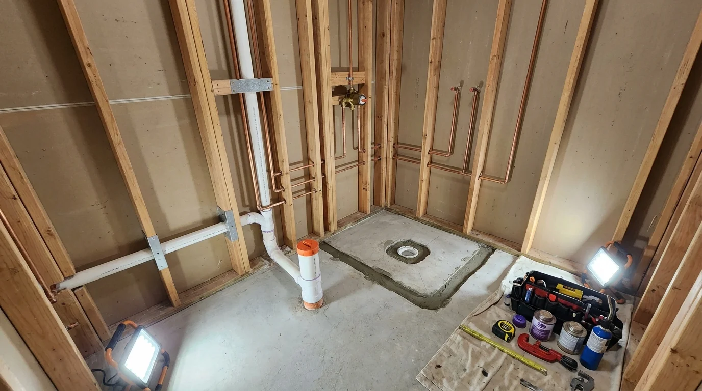 Bathroom rough-in plumbing during remodel by Johns Plumbing LLC in Huguenot