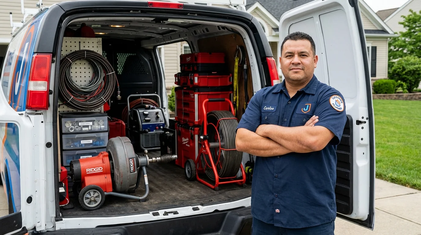 Professional drain cleaning equipment and Johns Plumbing LLC plumber in Huguenot
