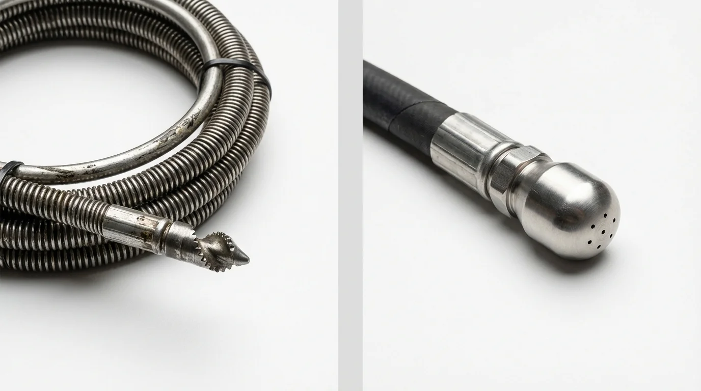 Drain snake cable and hydro jetting nozzle used for drain cleaning in Huguenot, NY