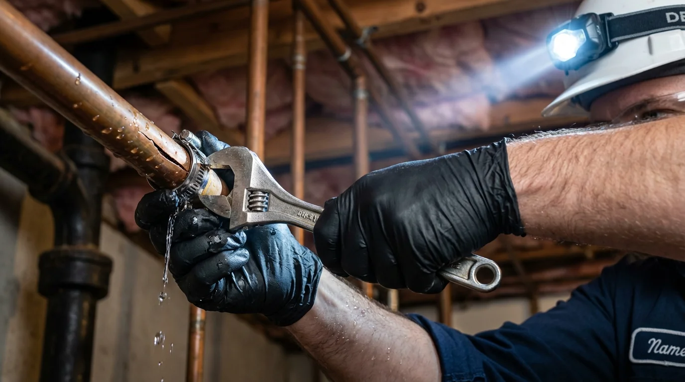 Emergency pipe clamp repair being performed by a Johns Plumbing LLC plumber in Huguenot