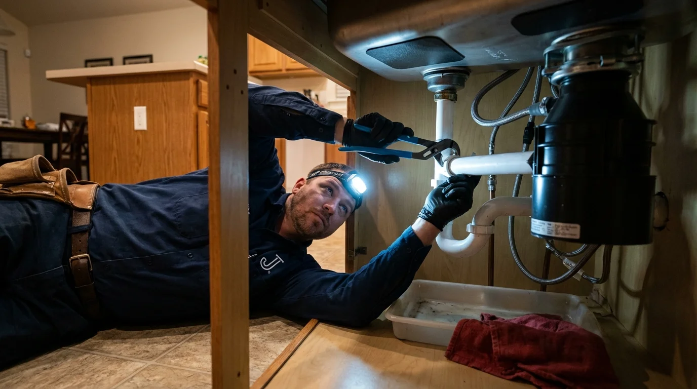 P-trap and supply line connections under a kitchen sink showing a common leak point in Huguenot, NY